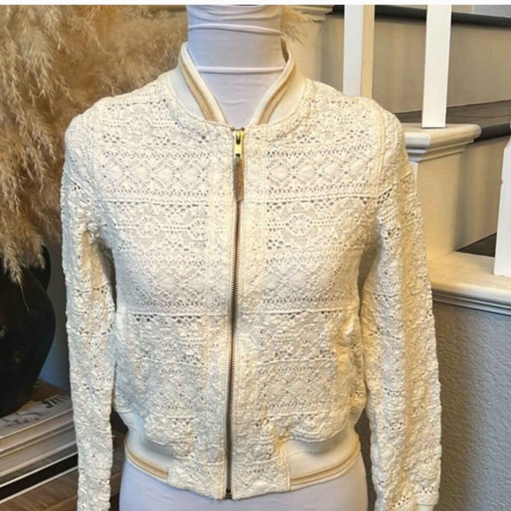 Anthropologie Bomber Jacket HEI HEI Ivory Crochet Lace Zip Up Size Small